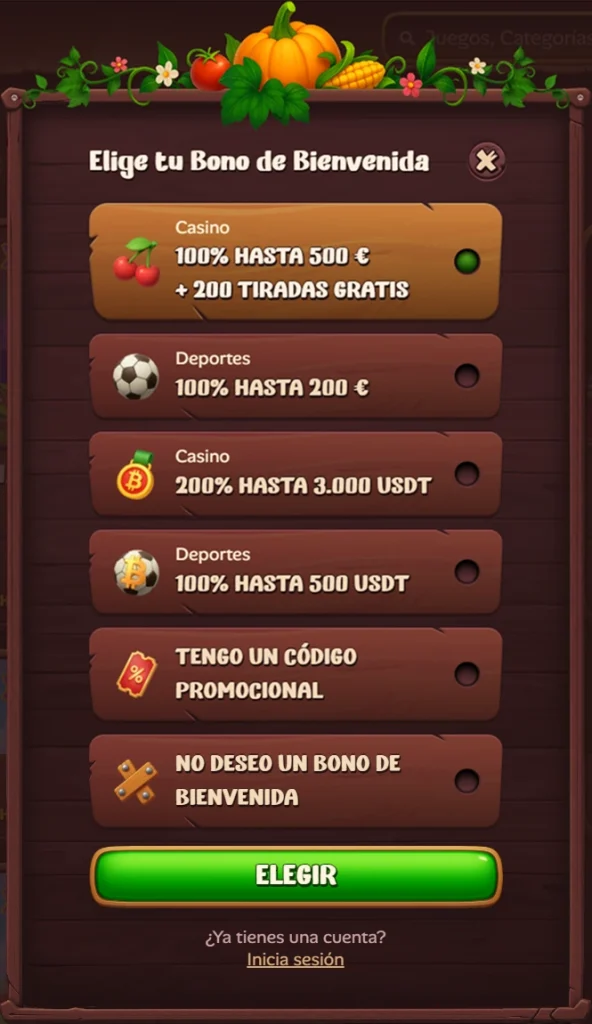 Elige tu Bono de Bienvenida: Casino 100% hasta 500€ + 200 tiradas gratis
