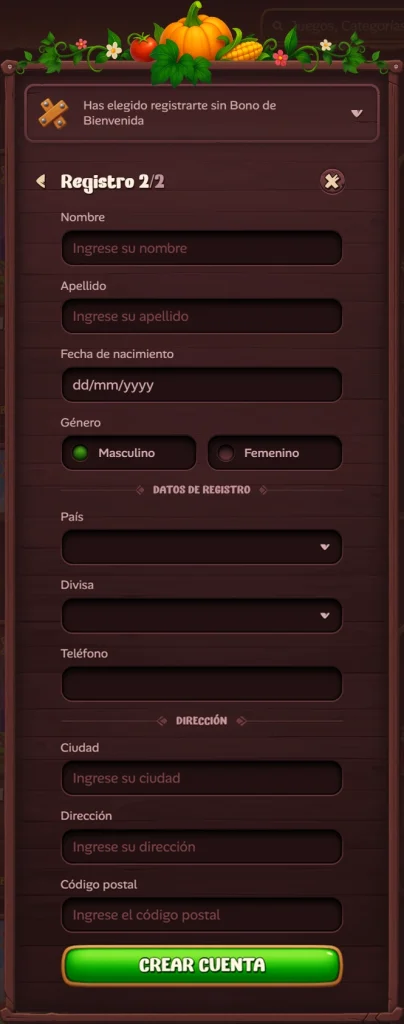 Formulario de registro de Roostino Casino con campos para nombre y apellido