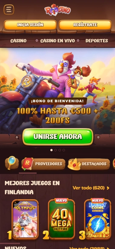 Roostino Casino banner con bono de bienvenida de 100% hasta €500 + 200FS