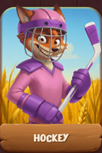 Zorro de hockey en equipo rosa y morado, fondo de campo de trigo